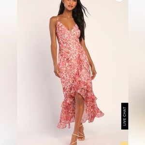 Always Enchanting Pink Floral Metallic Ruffled High Low Dress